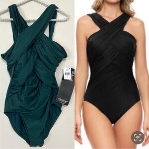 Miraclesuit Novel Ideas Criss Cross High Neck One-Piece Swimsuit NEW SZ 14